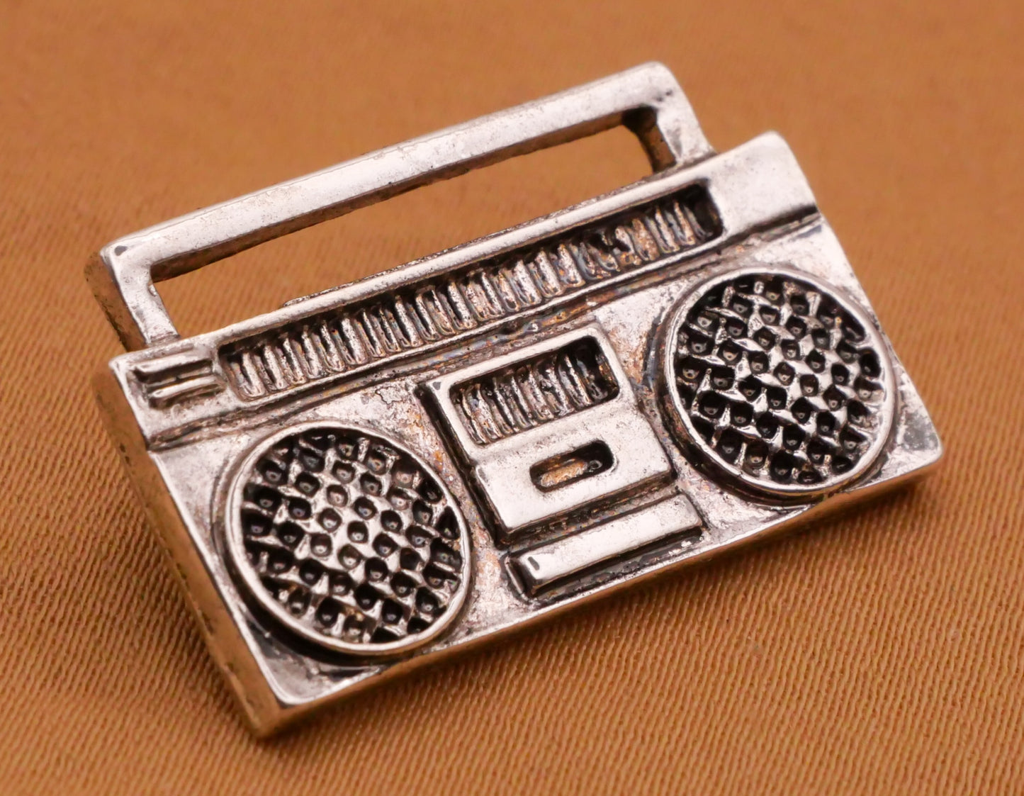 Boombox Radio Realistic Antiqued Silver Metal Button 17x27mm