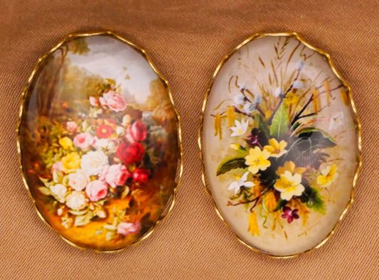 Flower Floral Bouquet Oval Glass Dome Gold Metal Button Various 19x26mm