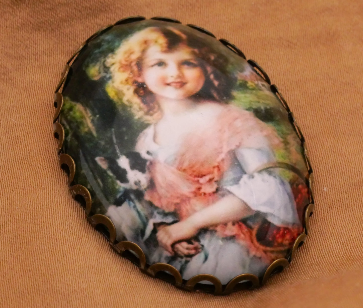 Little Girl Child with Puppy Dog Large Glass Metal Button 31x41mm
