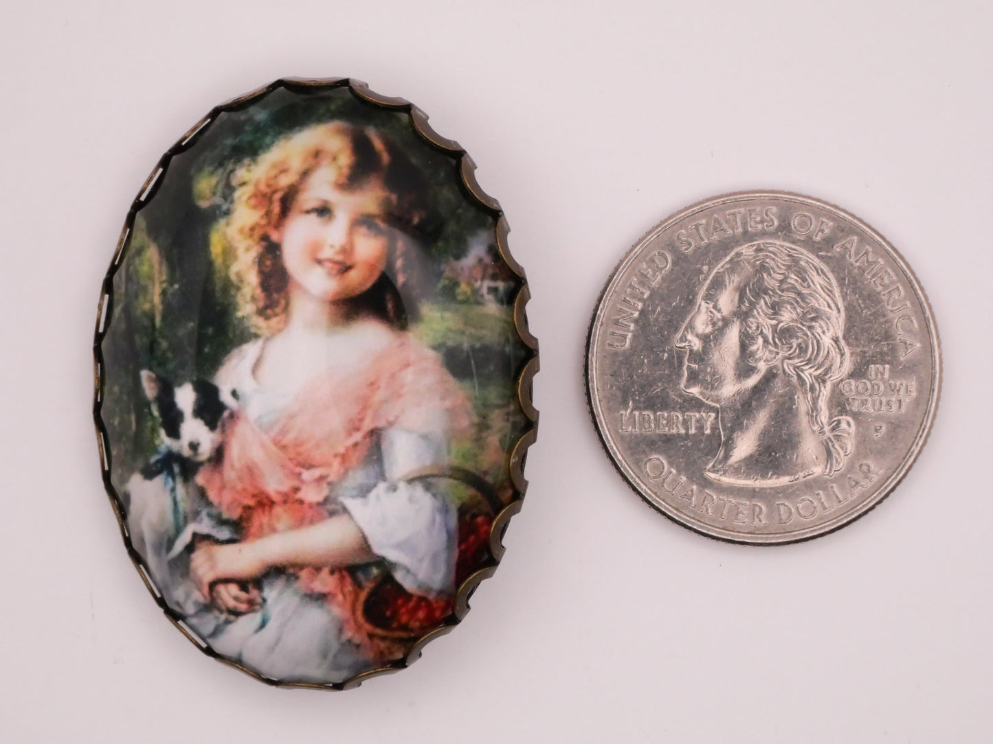 Little Girl Child with Puppy Dog Large Glass Metal Button 31x41mm