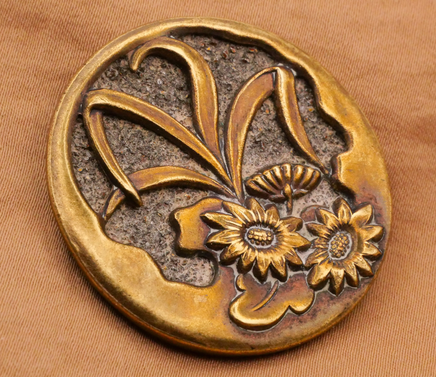 Flowers Floral Art Nouveau Crushed Stone Bronze Metal Large Button 38mm