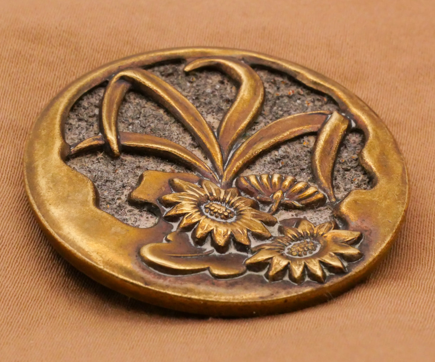 Flowers Floral Art Nouveau Crushed Stone Bronze Metal Large Button 38mm