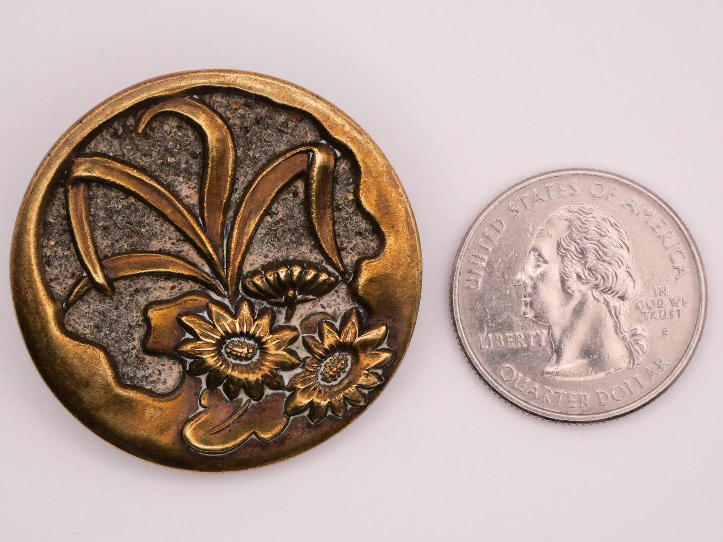 Flowers Floral Art Nouveau Crushed Stone Bronze Metal Large Button 38mm