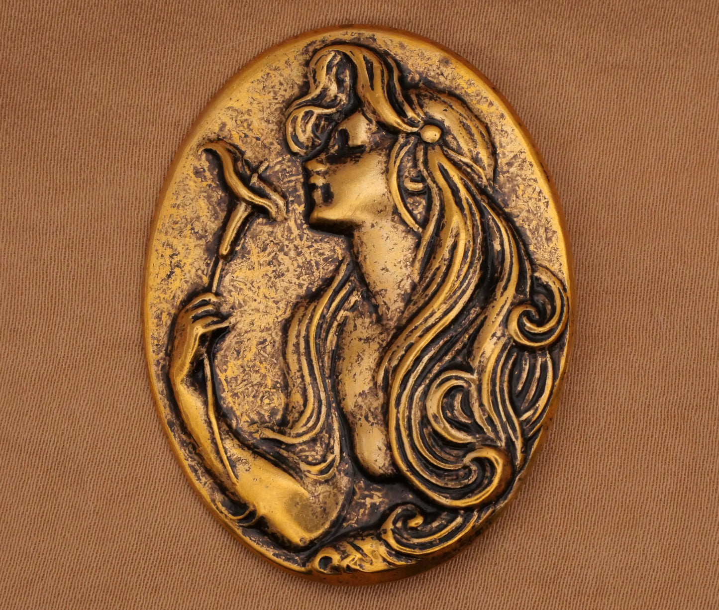 Art Nouveau Lady Woman Calla Lily Flower Large Brass Metal Button 34x45mm