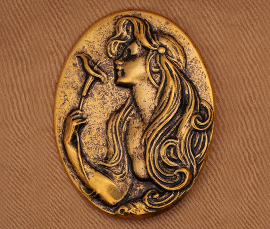 Art Nouveau Lady Woman Calla Lily Flower Large Brass Metal Button 34x45mm