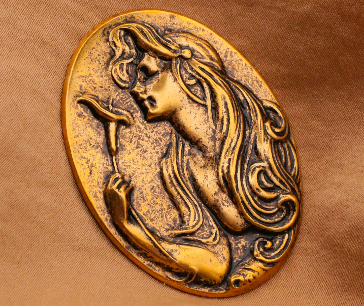 Art Nouveau Lady Woman Calla Lily Flower Large Brass Metal Button 34x45mm