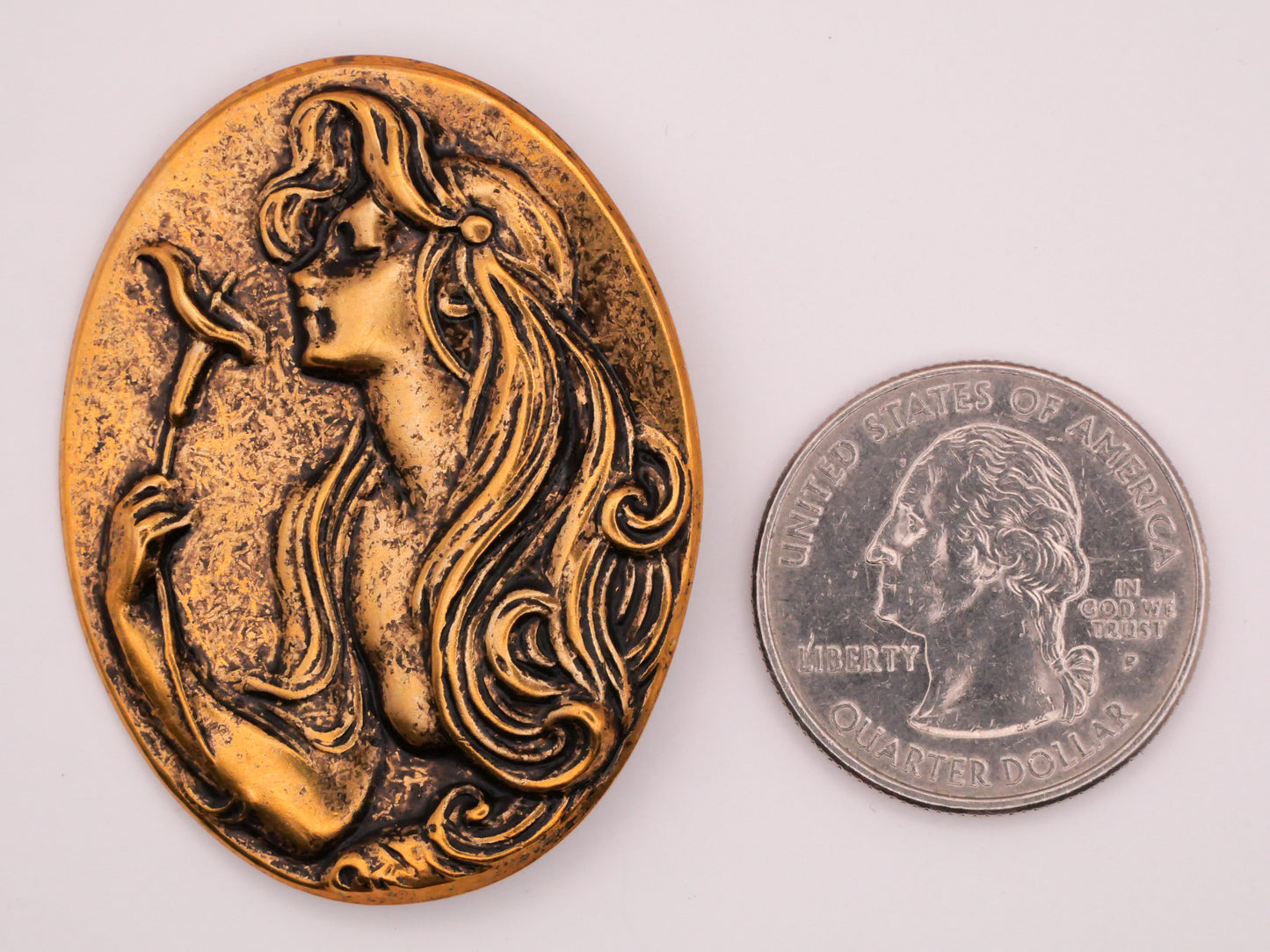 Art Nouveau Lady Woman Calla Lily Flower Large Brass Metal Button 34x45mm