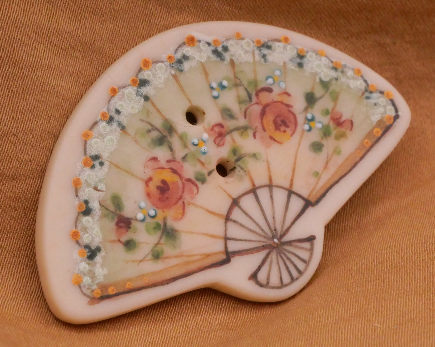 Fan Roses Lace Mint Green Pink Hand-Painted Porcelain Ceramic Button 31x47mm