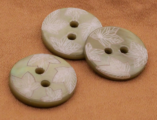 Leaf Etched Green Dyed Shell Set of Three Buttons 15mm