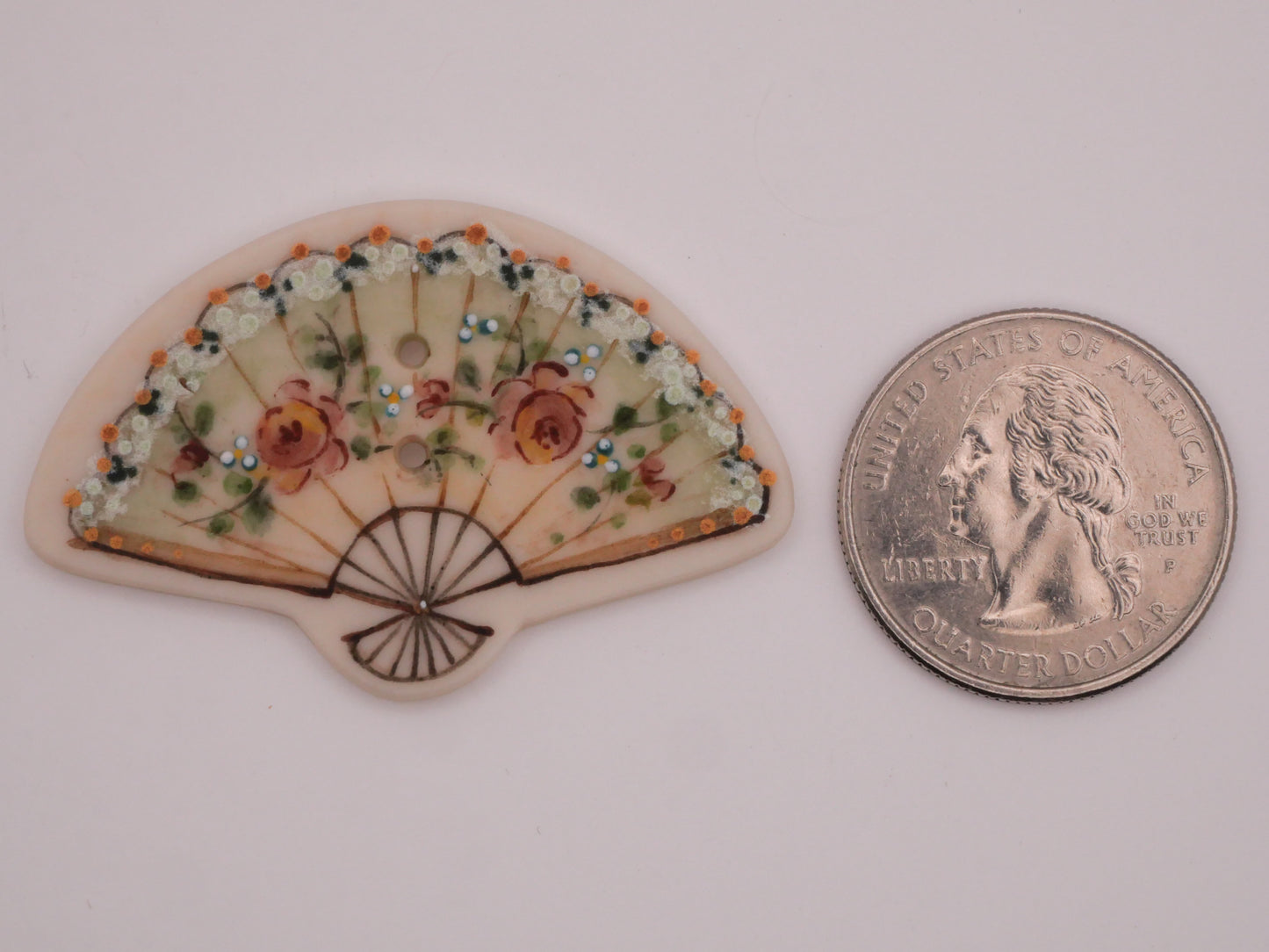 Fan Roses Lace Mint Green Pink Hand-Painted Porcelain Ceramic Button 31x47mm