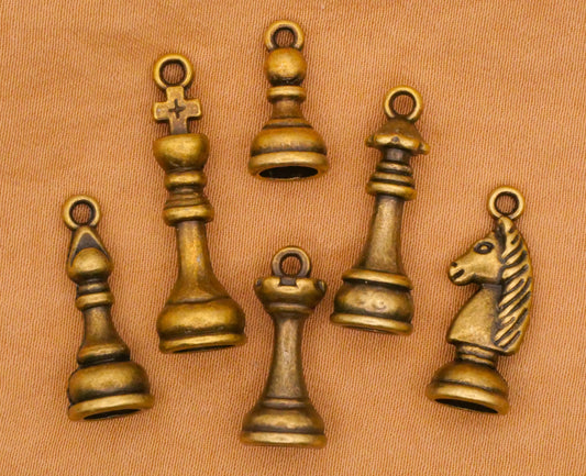 Chess Pieces Game Bronze Metal Set of Six Charms Embellishments 7-28mm
