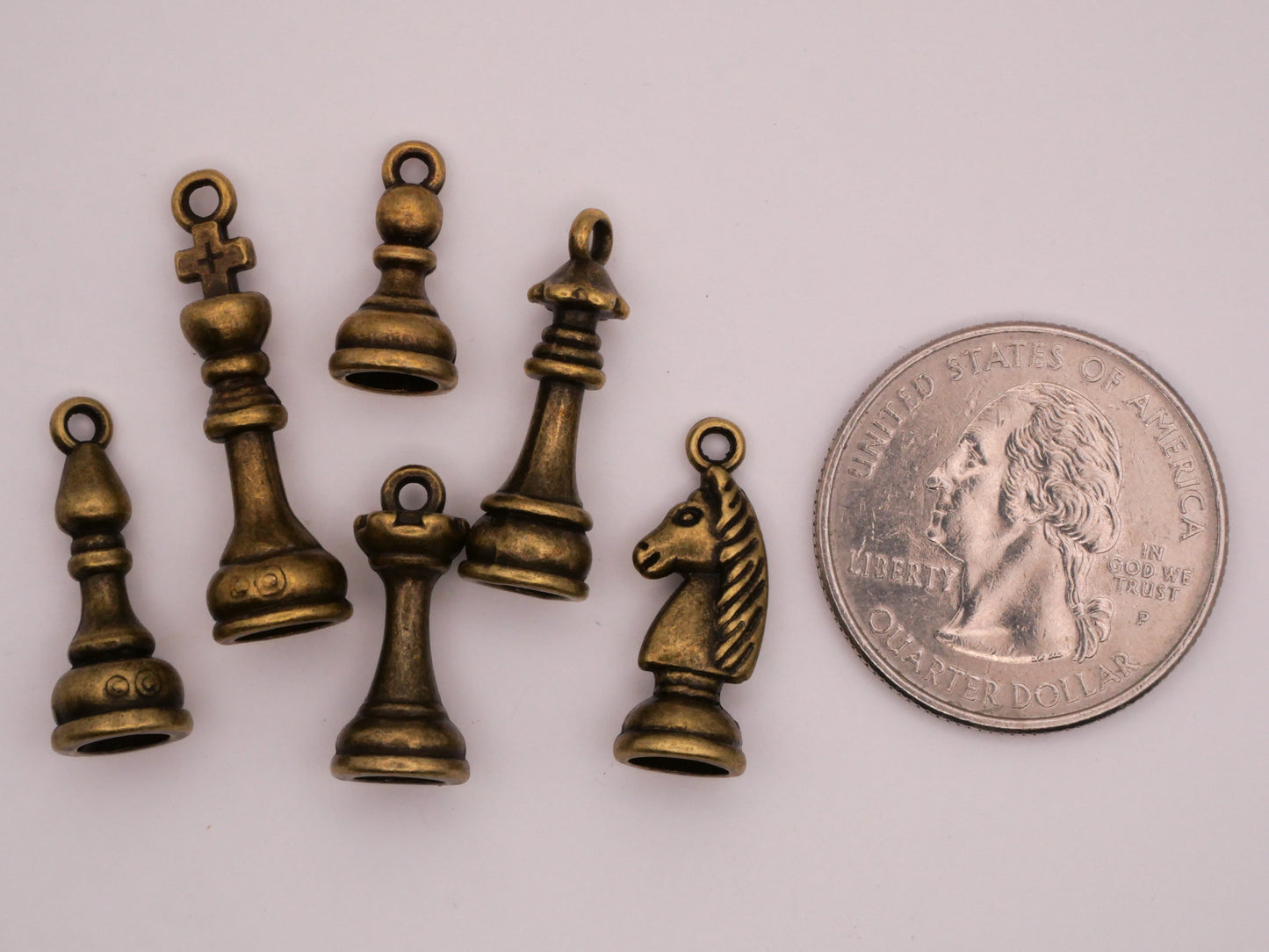 Chess Pieces Game Bronze Metal Set of Six Charms Embellishments 7-28mm