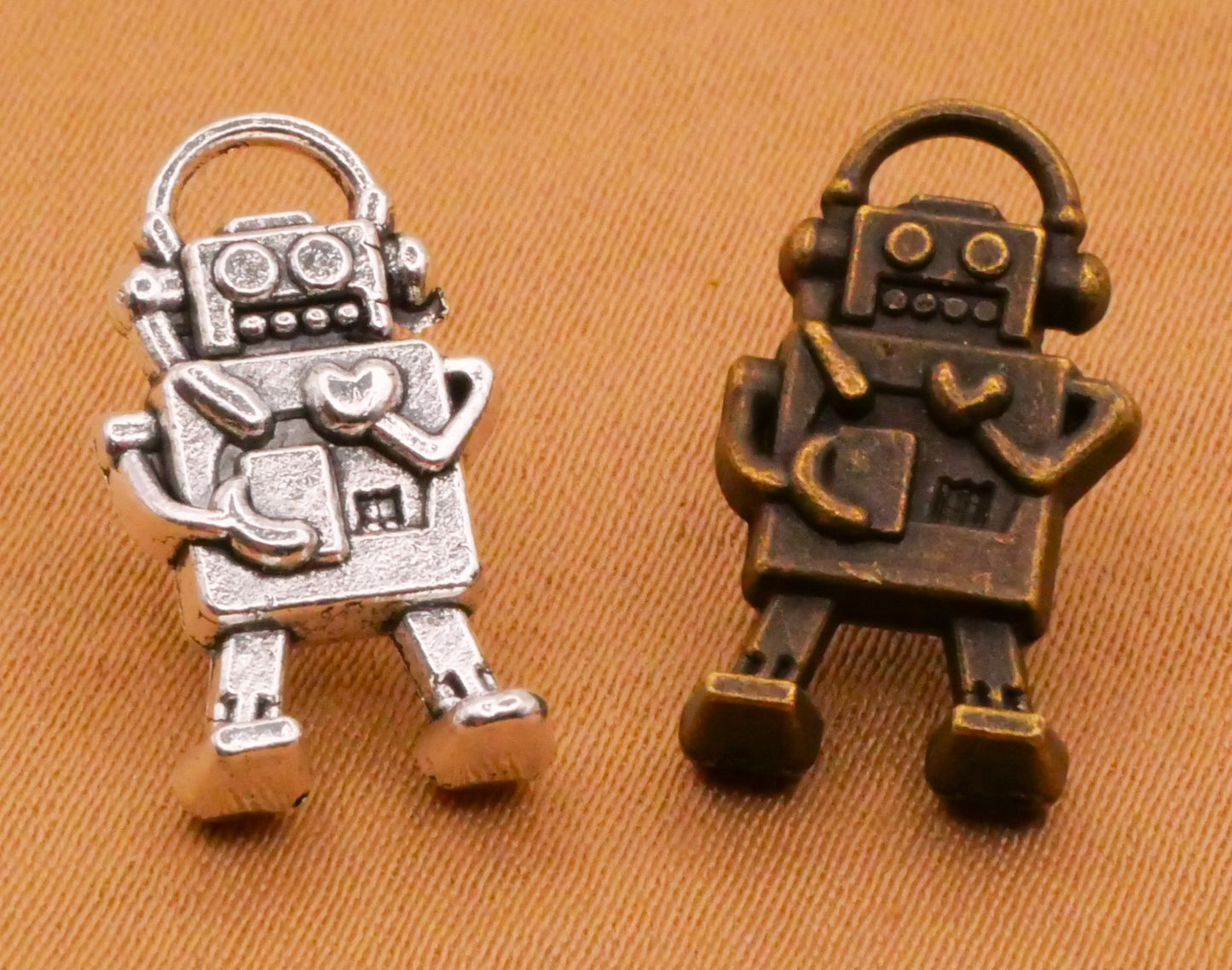 Robot Toy Heart Silver or Bronze Metal Button 10x17mm