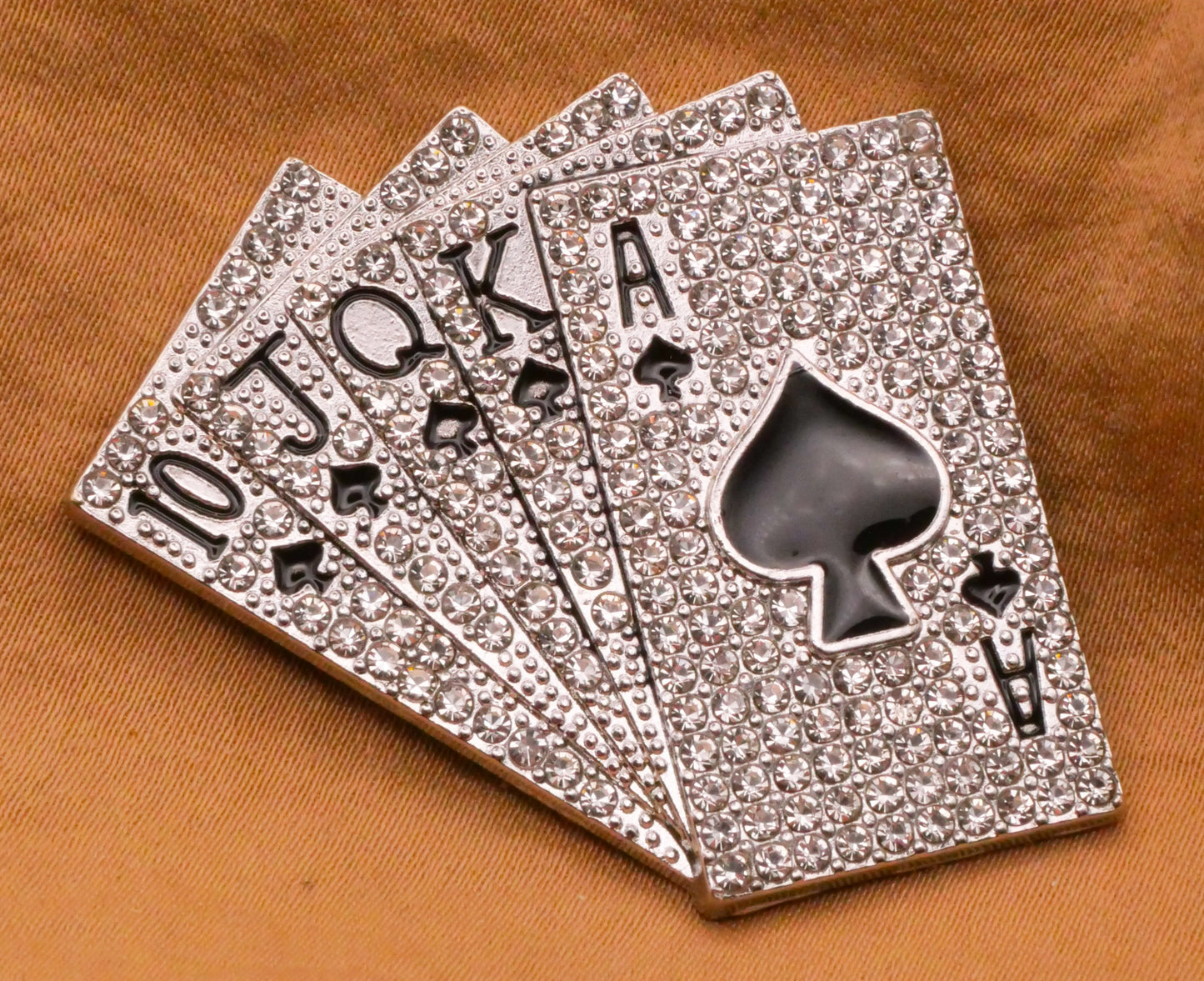 Royal Flush Playing Cards Spade Rhinestone Silver Metal Large Button 40x44mm