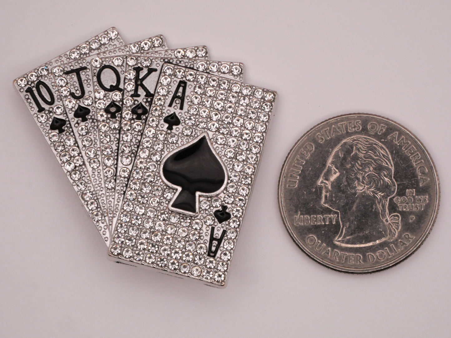 Royal Flush Playing Cards Spade Rhinestone Silver Metal Large Button 40x44mm