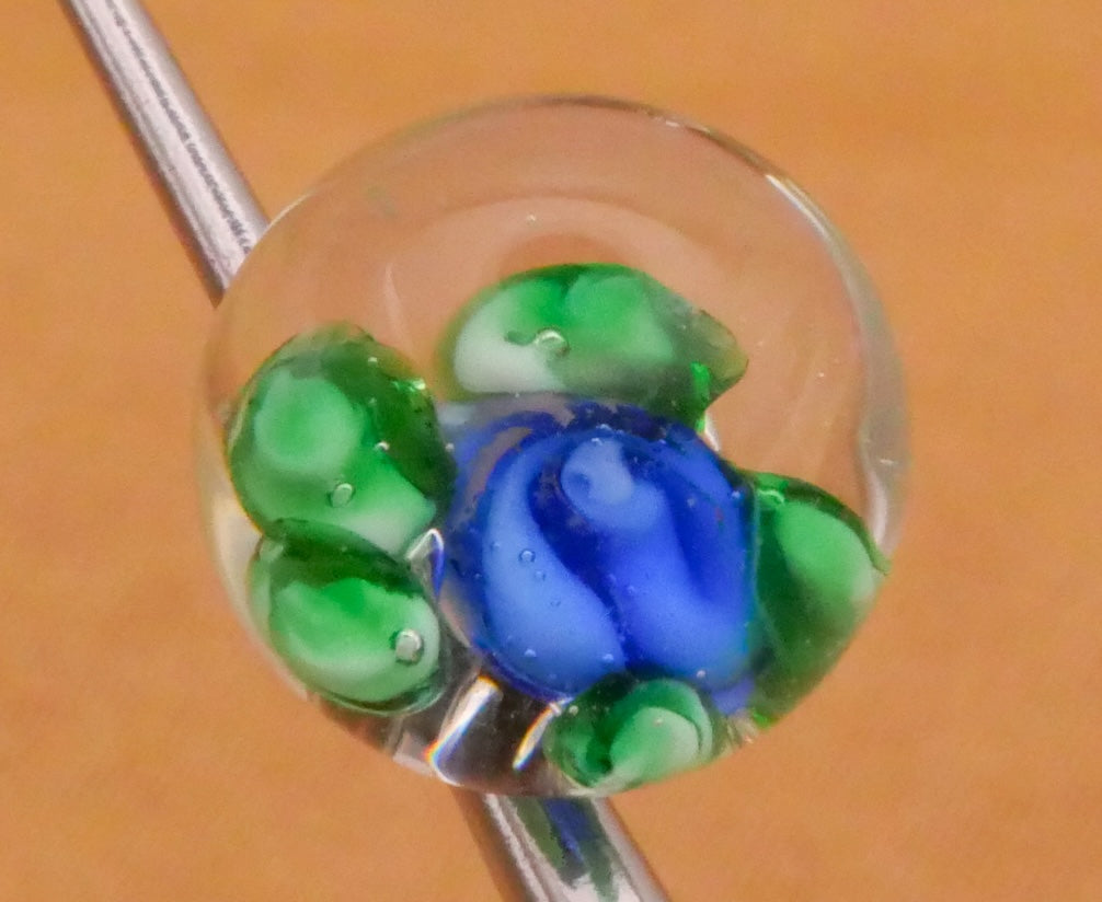 Blue Rose Flower Green Leaves Glass Paperweight Button 10mm