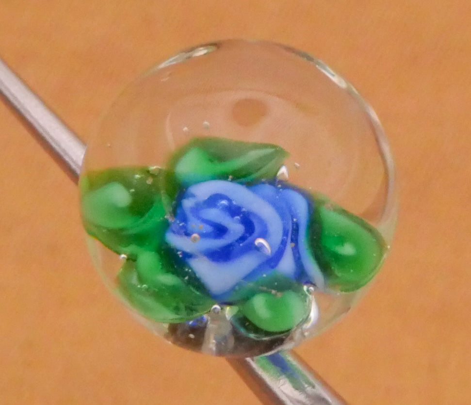Blue Rose Flower Green Leaves Glass Paperweight Button 10mm