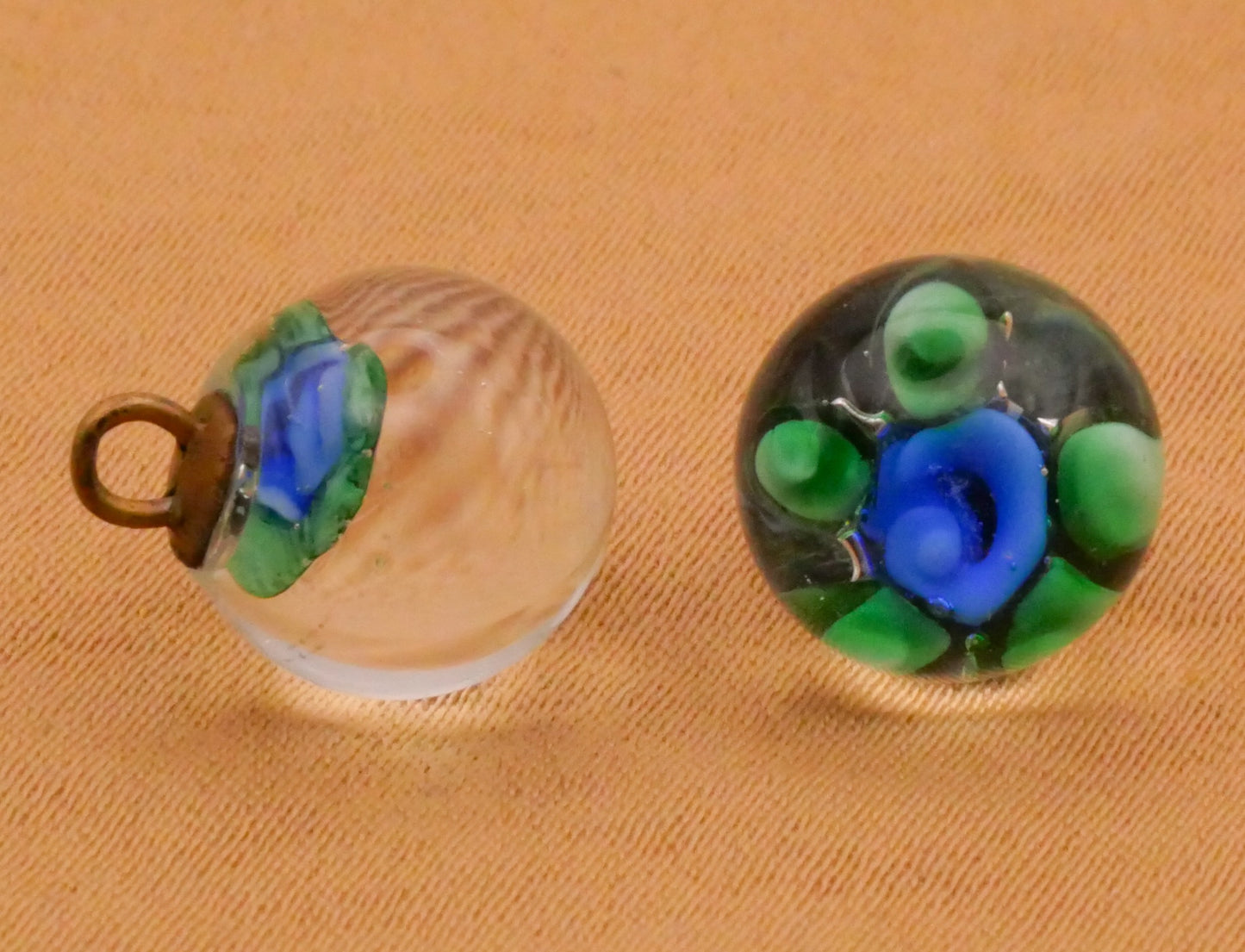 Blue Rose Flower Green Leaves Glass Paperweight Button 10mm