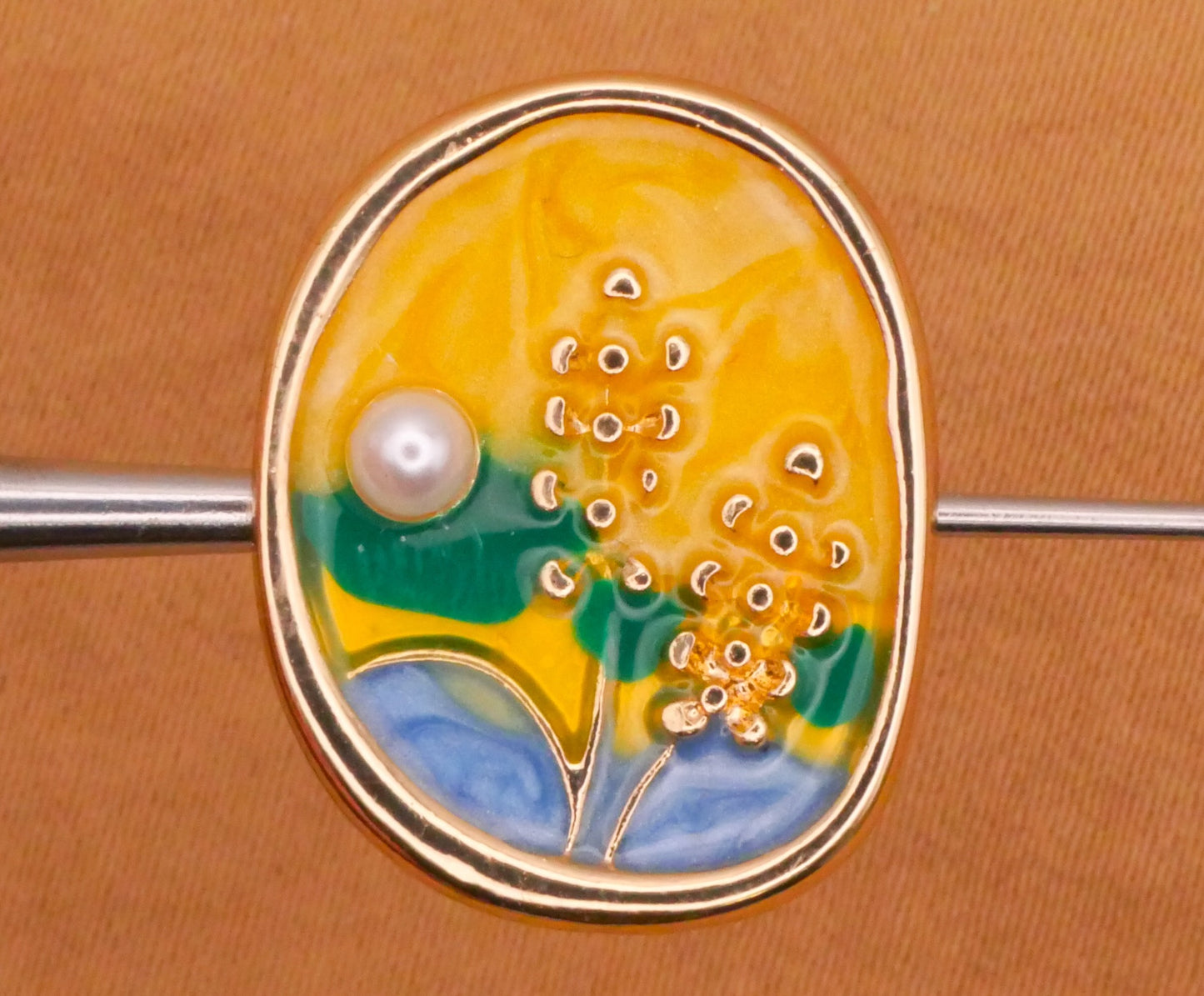 Field Scene Landscape Enamel Faux Pearl Metal Button 16x21mm