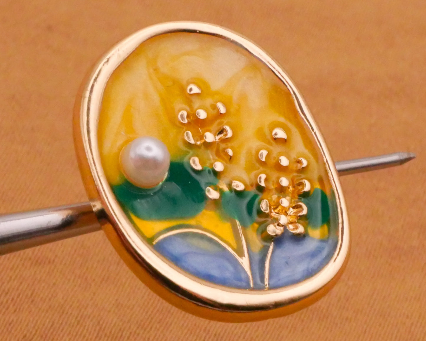 Field Scene Landscape Enamel Faux Pearl Metal Button 16x21mm