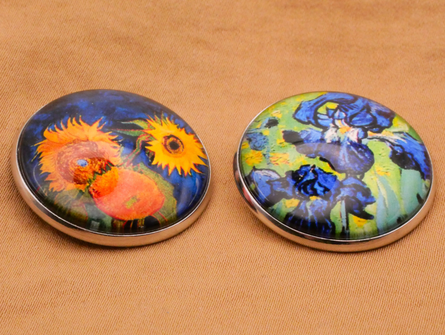 Van Gogh Sunflowers or Irises Glass Dome Silver Metal Button Various 27mm