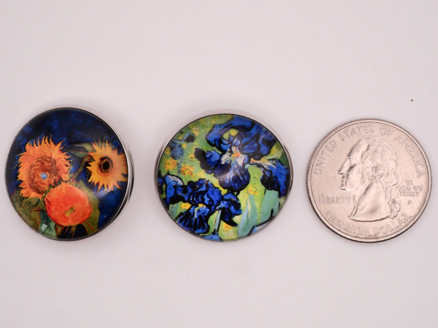 Van Gogh Sunflowers or Irises Glass Dome Silver Metal Button Various 27mm