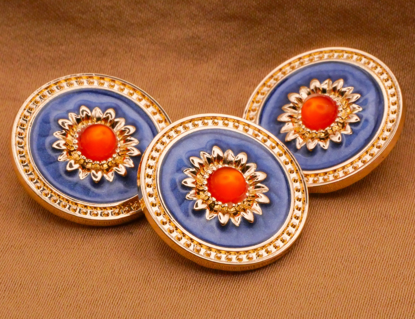 Sunflower Flower Blue Enamel Orange Center Jewel Metal Button 20mm