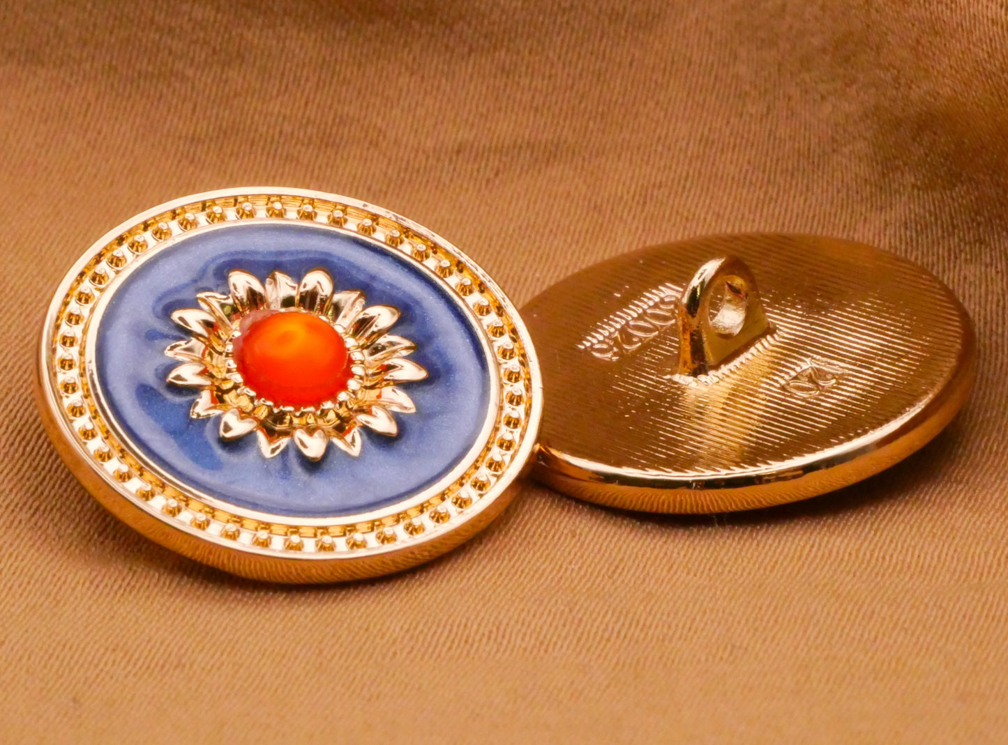 Sunflower Flower Blue Enamel Orange Center Jewel Metal Button 20mm
