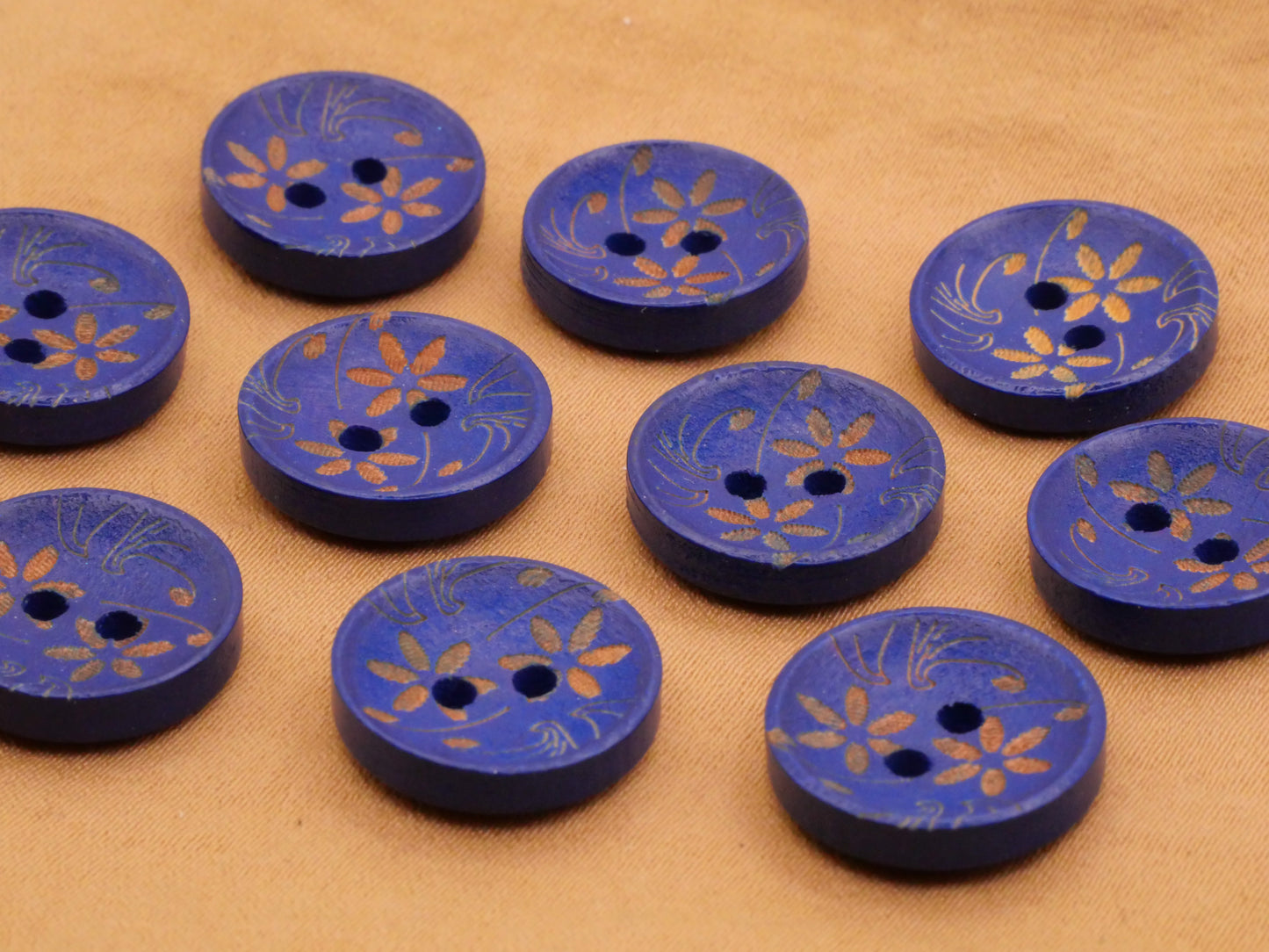 Flower Blue Etched Wood Set of Ten Buttons 15mm