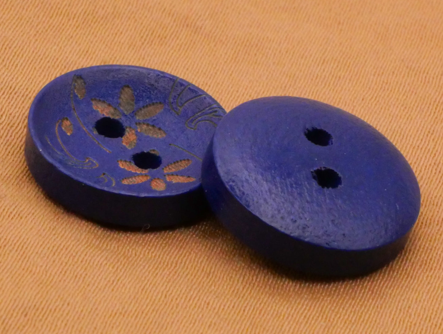 Flower Blue Etched Wood Set of Ten Buttons 15mm