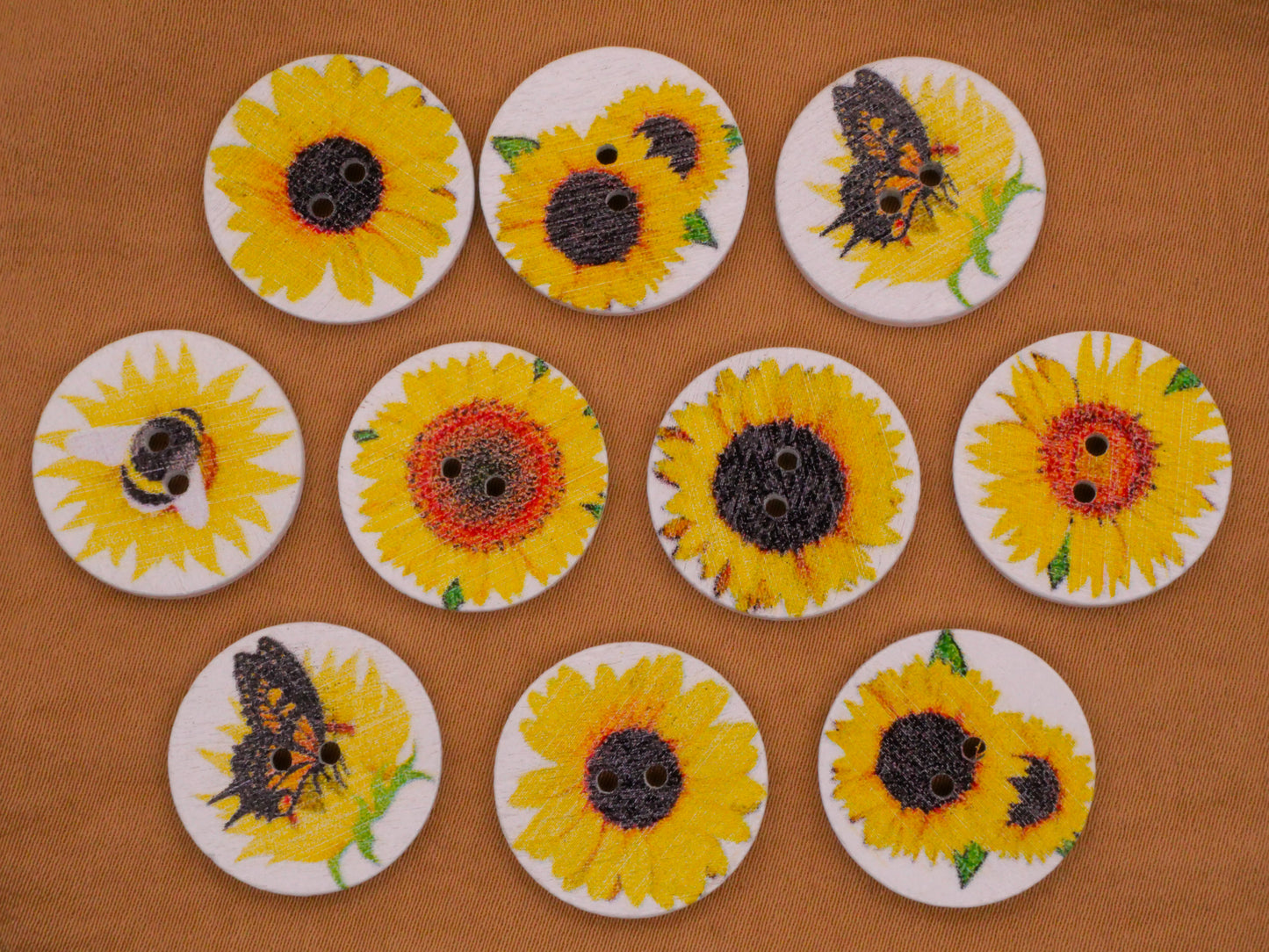 Sunflower Flower Wood Assorted Set of Ten Buttons 20mm