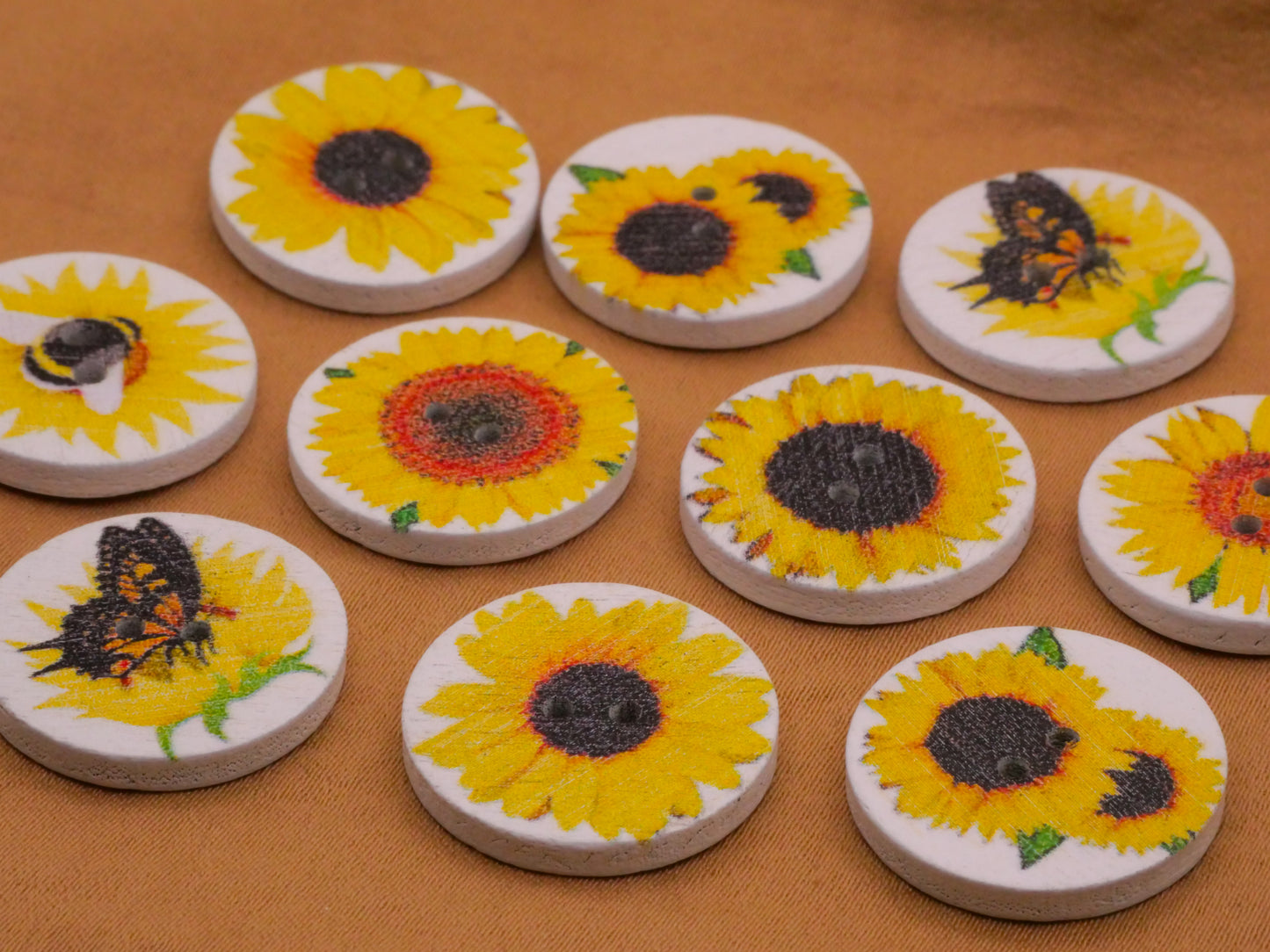 Sunflower Flower Wood Assorted Set of Ten Buttons 20mm