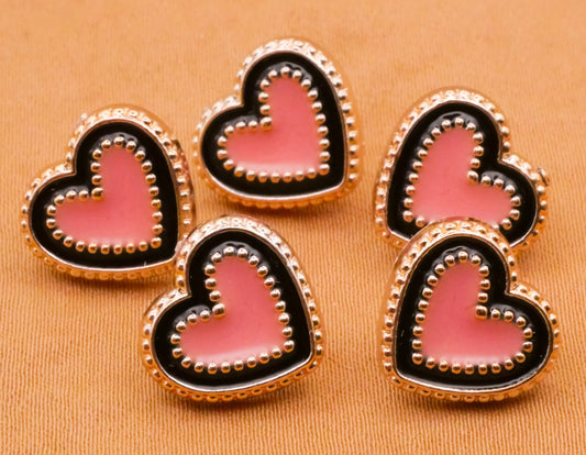 Heart Pink Black Enamel Plastic Set of Five Buttons 12mm