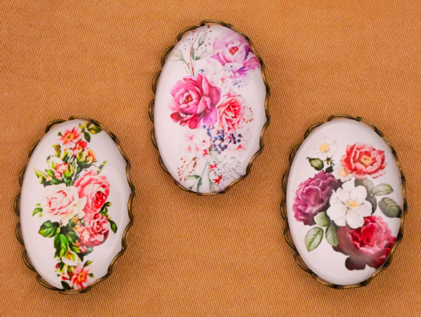 Flower Floral Pinks Oval Glass Dome Bronze Metal Button Various 19x26mm
