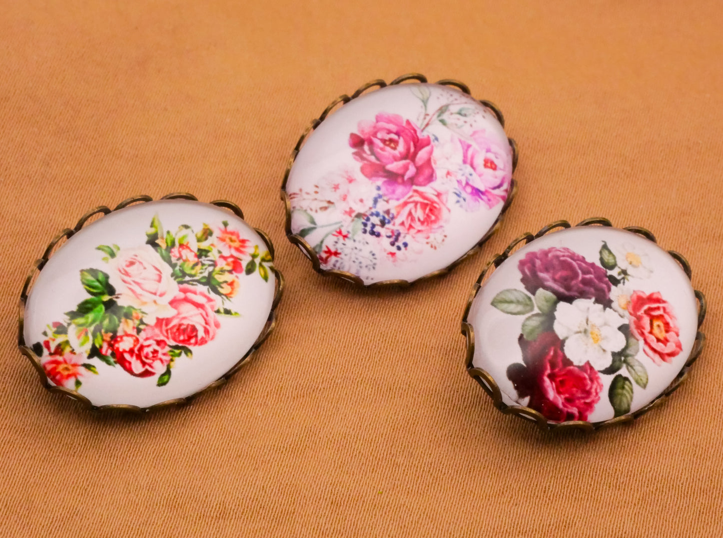 Flower Floral Pinks Oval Glass Dome Bronze Metal Button Various 19x26mm