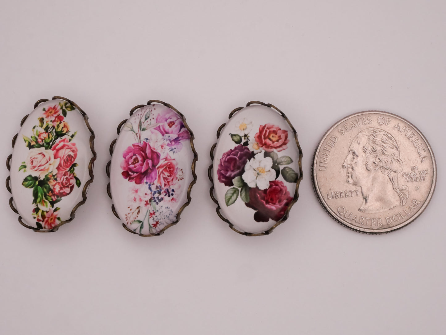 Flower Floral Pinks Oval Glass Dome Bronze Metal Button Various 19x26mm