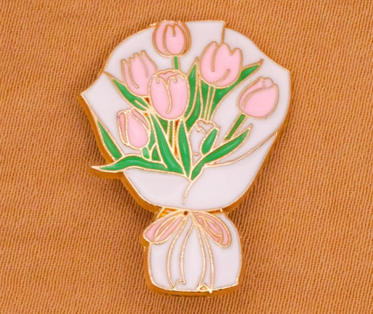 Tulip Pink Flower Bouquet Enamel Metal Button 18x25mm