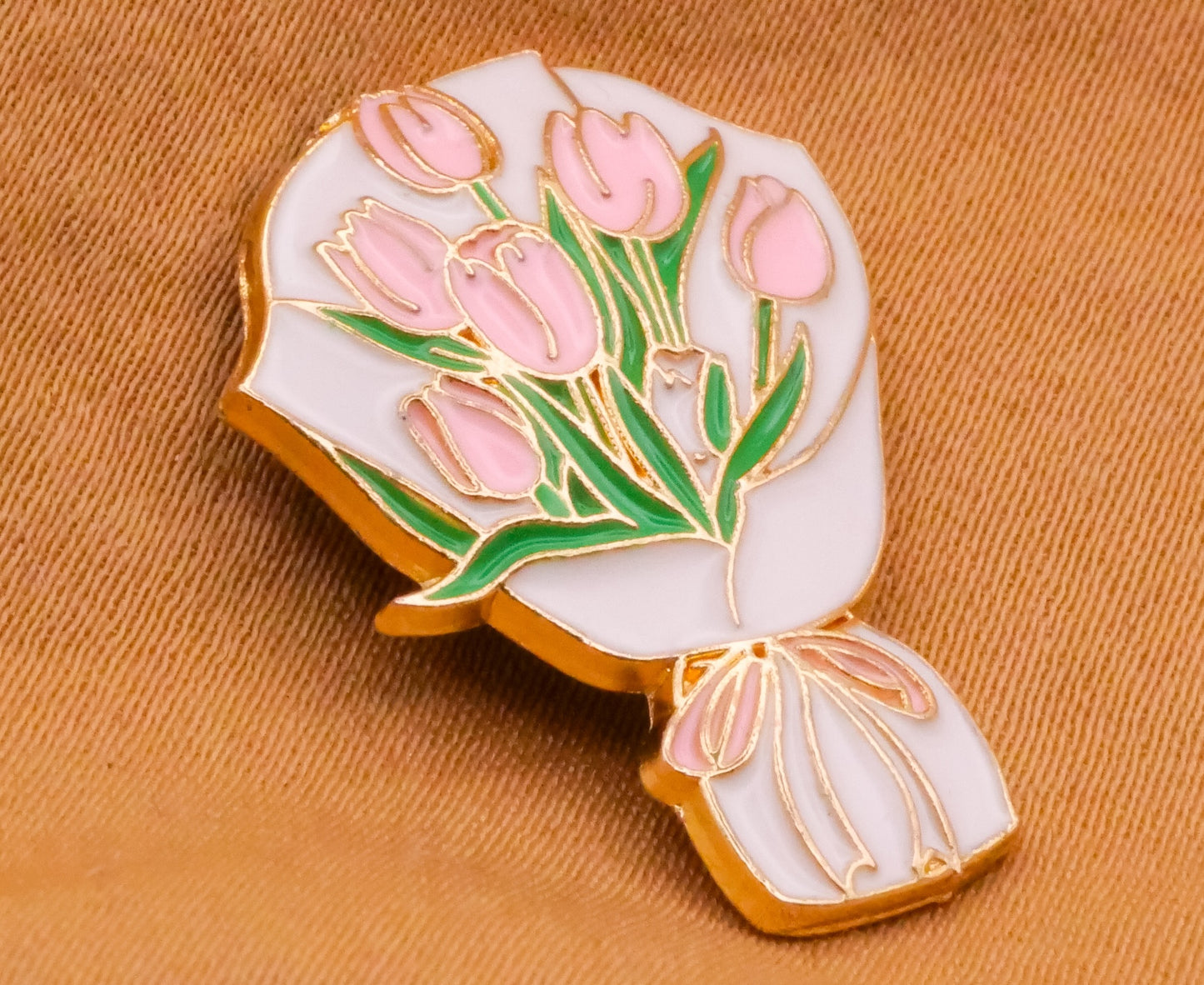 Tulip Pink Flower Bouquet Enamel Metal Button 18x25mm