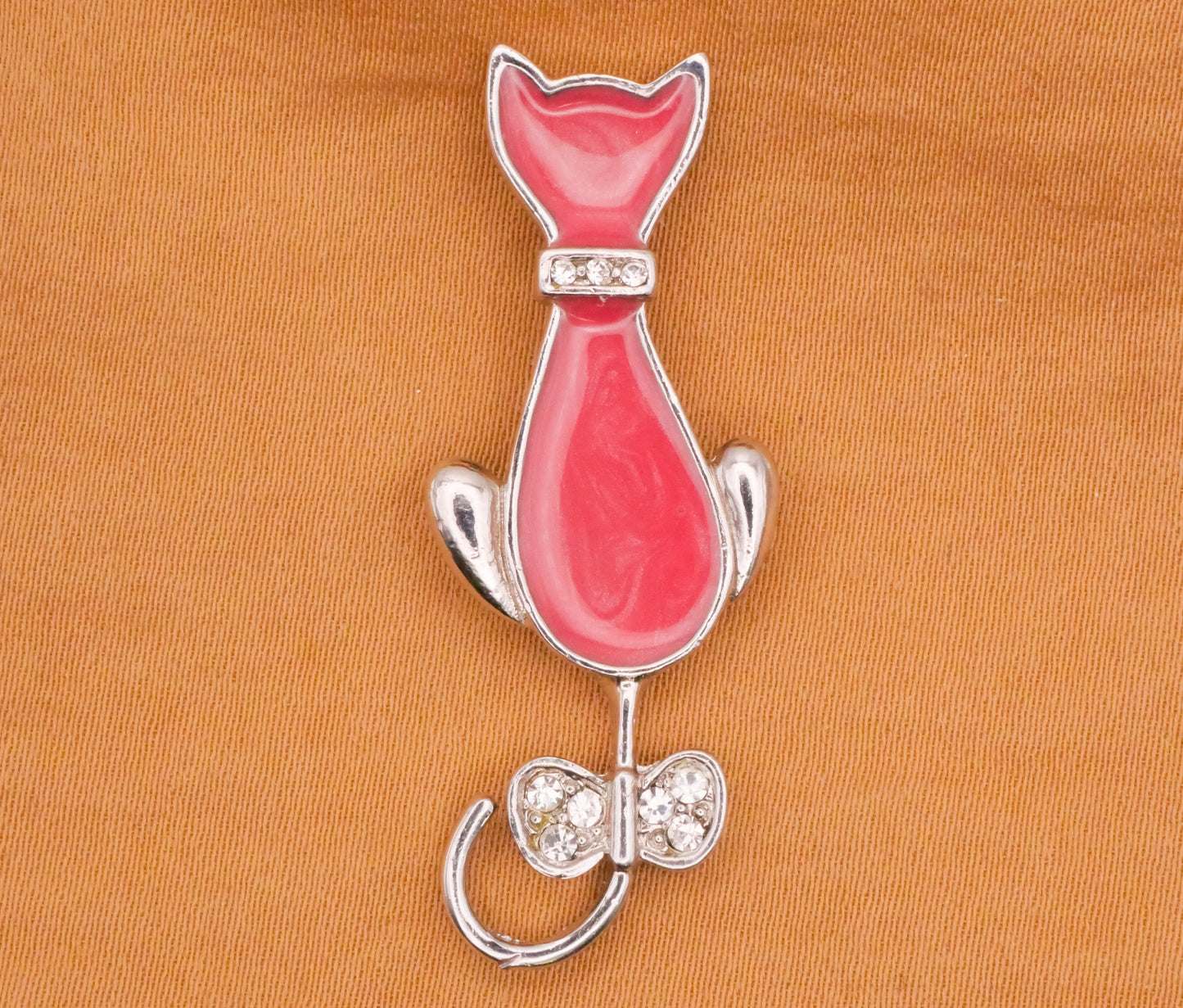 Cat Bow Pink Large Enamel Silver Metal Button 16x44mm