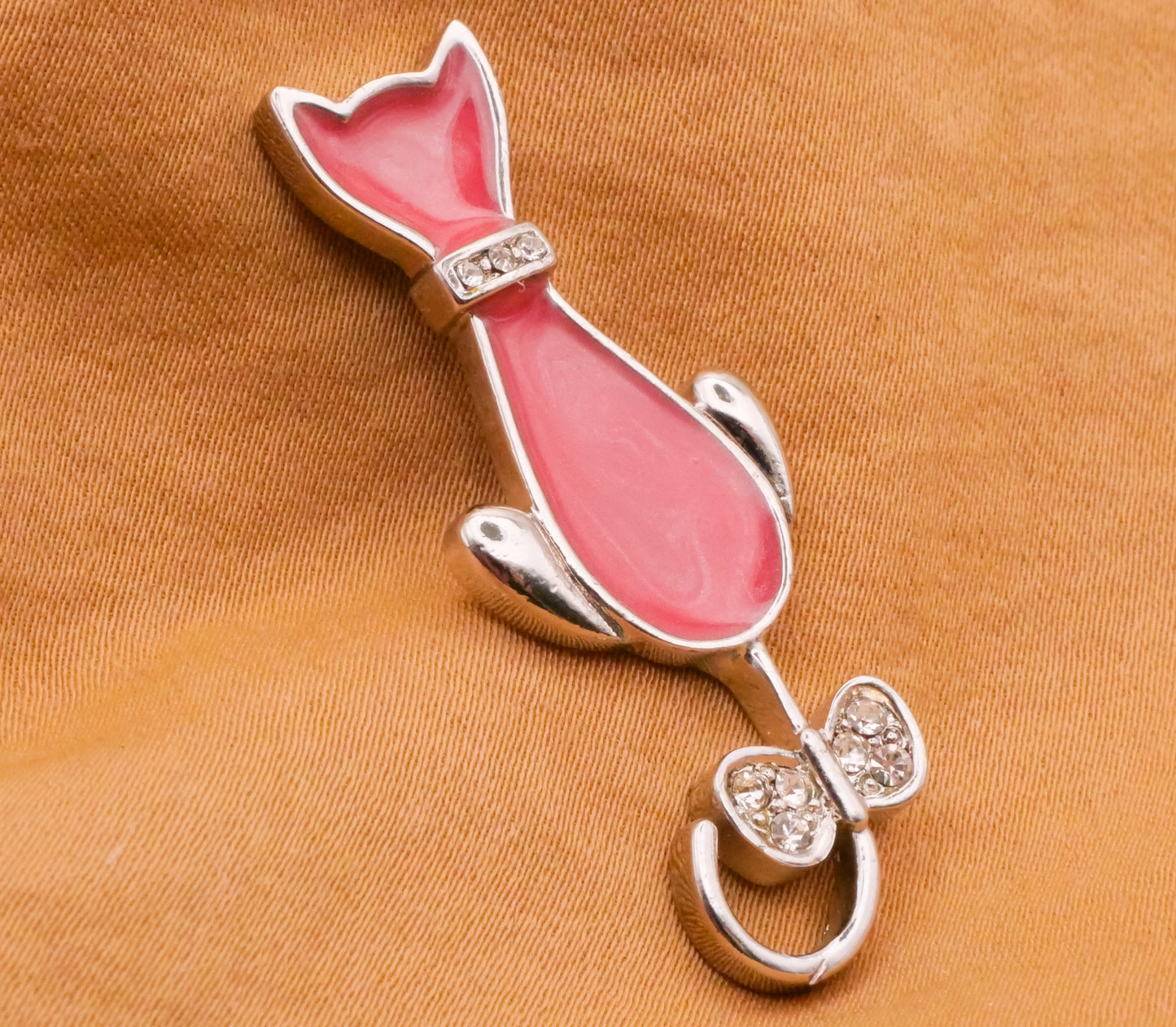 Cat Bow Pink Large Enamel Silver Metal Button 16x44mm