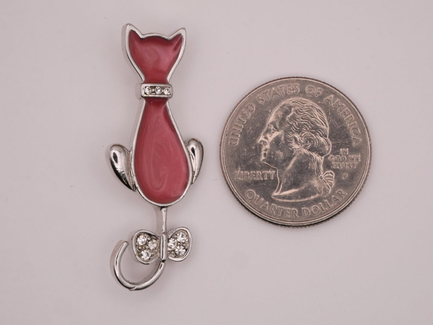 Cat Bow Pink Large Enamel Silver Metal Button 16x44mm