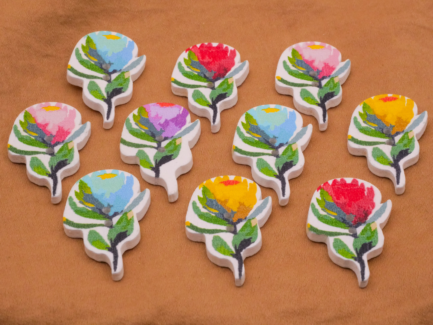 Flower Bud Colorful Wood Set of Ten Buttons 20x30mm