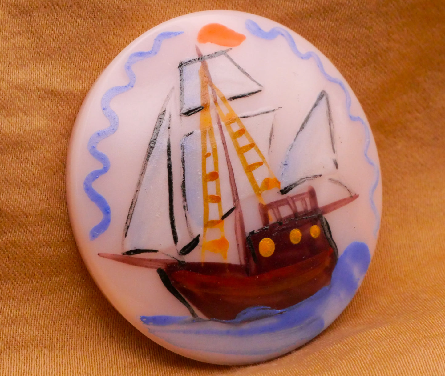 Ship Sails Hand-Painted Czech Pink Glass Large Button 35mm