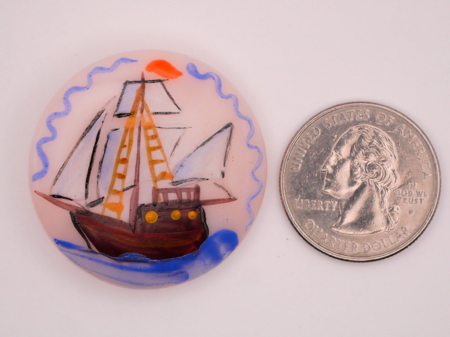 Ship Sails Hand-Painted Czech Pink Glass Large Button 35mm