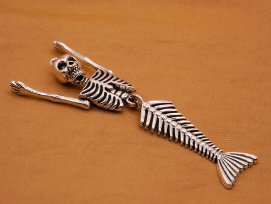 Mermaid Skeleton Moveable Silver Metal Charm Pendant 18x74mm