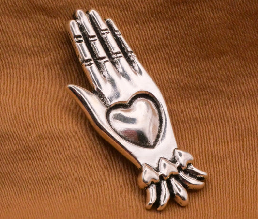 Heart in Hand Large Silver Metal Button 16x39mm