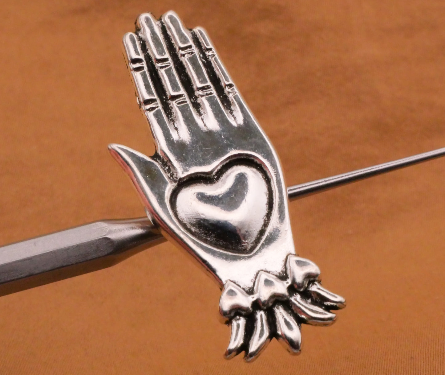 Heart in Hand Large Silver Metal Button 16x39mm