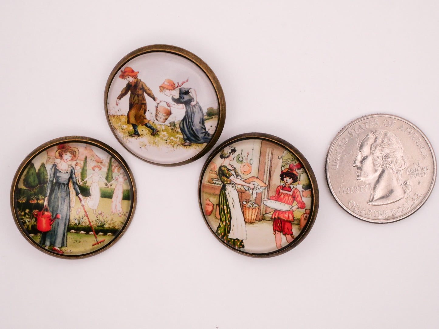 Nursery Rhyme Kate Greenaway Glass Dome Bronze Metal Button Various 28mm