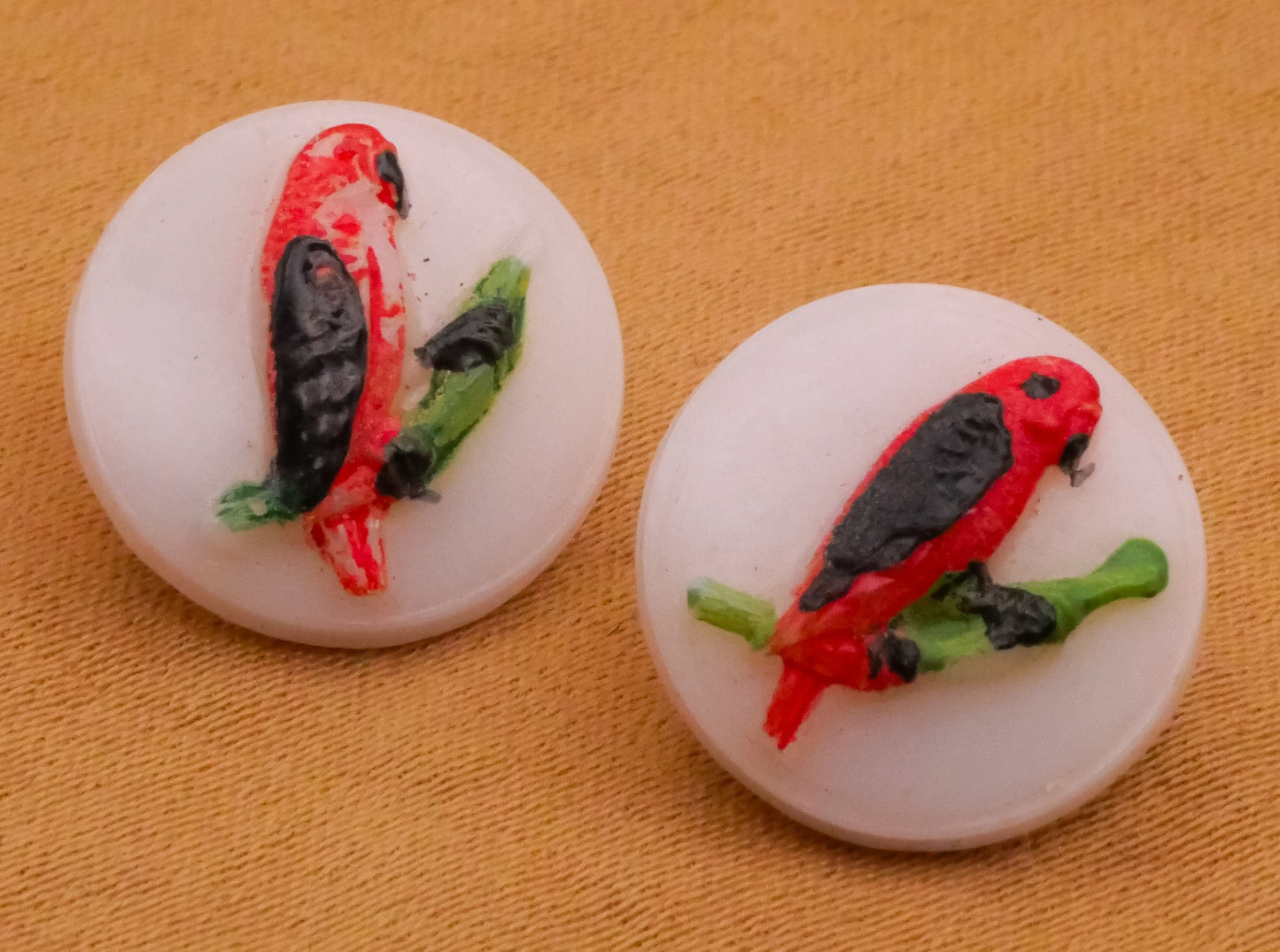 Parrot Bird Hand-Painted Vintage White Glass Pair of Buttons 14mm