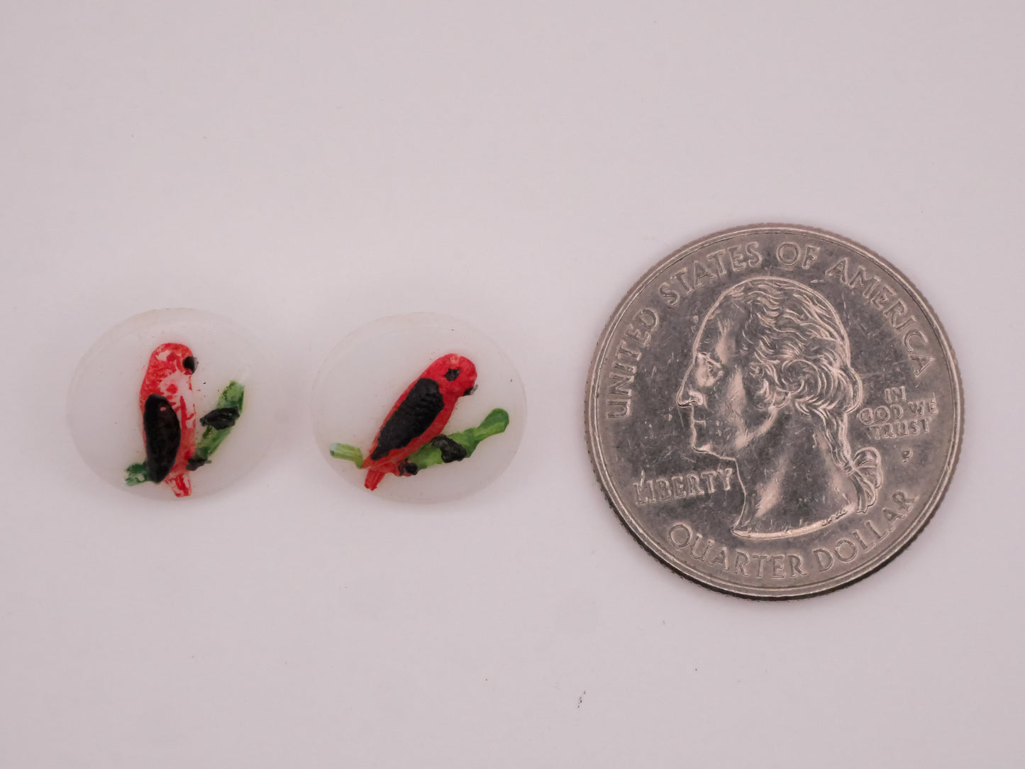 Parrot Bird Hand-Painted Vintage White Glass Pair of Buttons 14mm